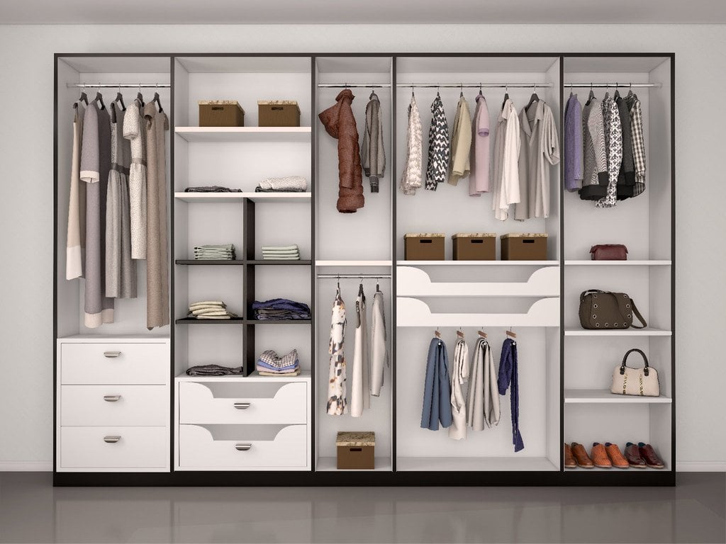 open closet, modern bedroom, closet storage